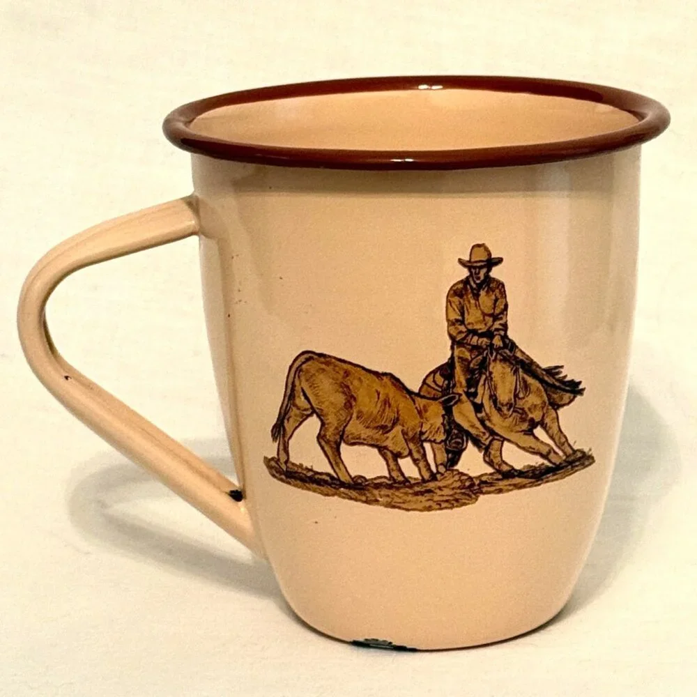 Vintage Marble Canyon Enamelware Coffee Mug Cowboy Horse Cow RARE!